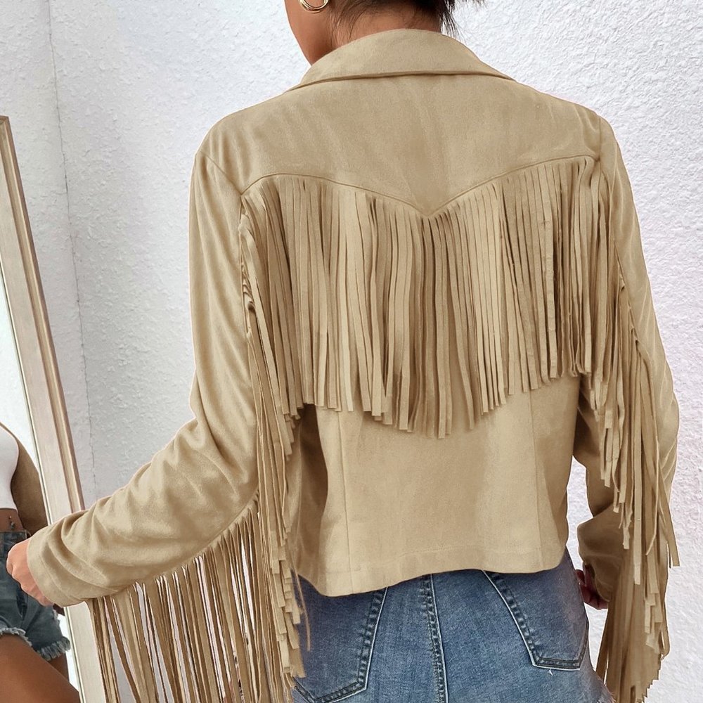 Boho Fringe Trim Open Front Jacket tan - Picture 4 of 5